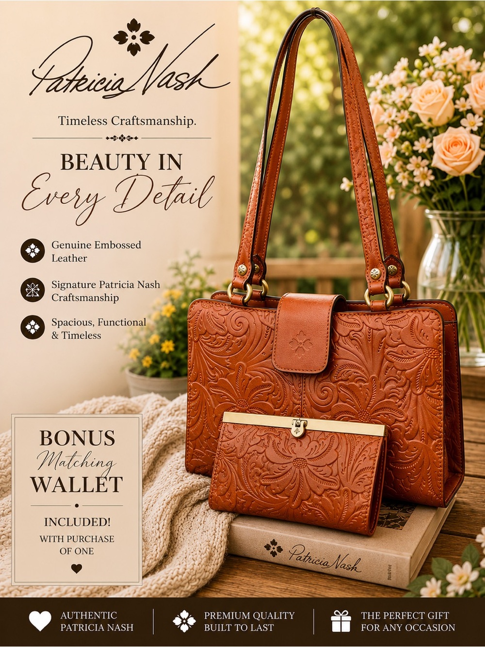 Patricia Nash Tooled Embossed Leather Satchel + Matching Wallet in Floral Cognac
